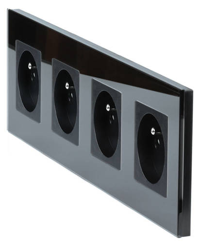 Set of quadruple frame + 4x socket outlet with earthing 230V | Tempered glass | Black