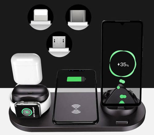 WD-01 | QI Dockingstation für Apple iPhone Airpods iWatch | 15W drahtloses Ladegerät | 3 Stecker - USB-C / Lightning / Micro USB