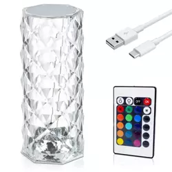 RPL-C16-RGB | Kryształowa lampka stołowa LED | wzór róży | 16 kolorów RGB, panel dotykowy, pilot, kabel USB-C, akumulator 2000mah