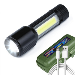 TL-502 | Mała aluminiowa latarka taktyczna LED XPE Q5 CREE + COB | funkcja zoom, wbudowany akumulator, micro USB, futerał | 800lm, 3 tryby świecenia