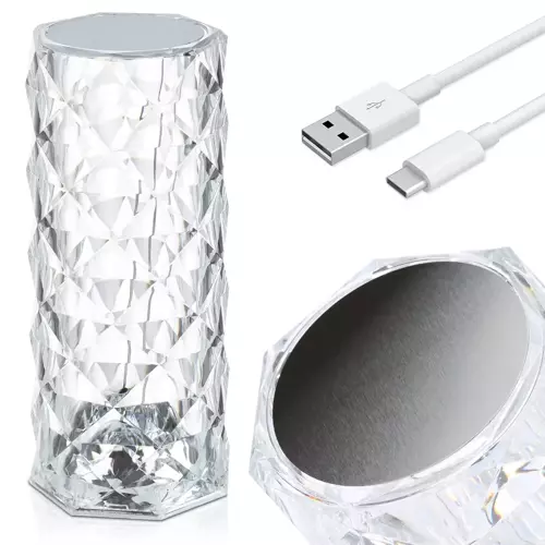 RPL-C03-W | Kryształowa lampka stołowa LED | wzór róży | 3 barwy światła, panel dotykowy, kabel USB-C, akumulator 2000mah